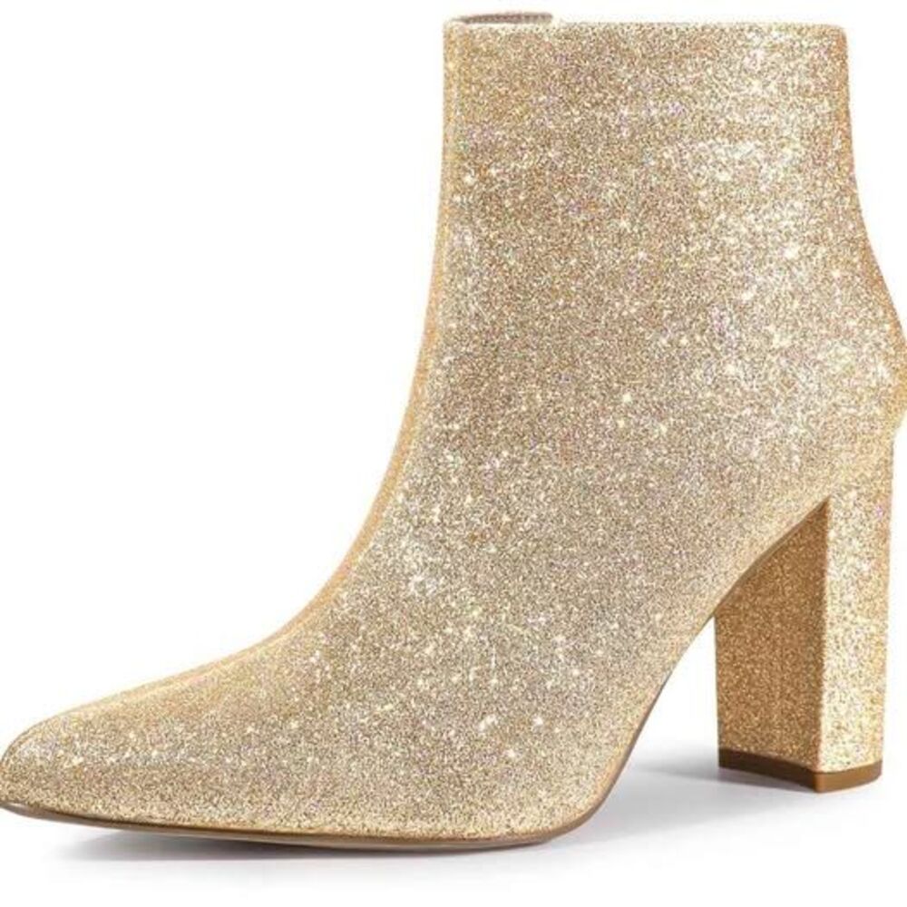 Perphy Glitter Pointed Toe Chunky Heels Sparkly Booties Ankle Boots for Women